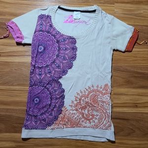 Desigual White Blouse with Purple and Orange Accents